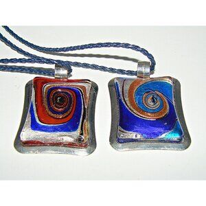 Swirl Art Pendant Necklaces Enamel Resin Silver Frame Leather Rope Chain 28" Vtg